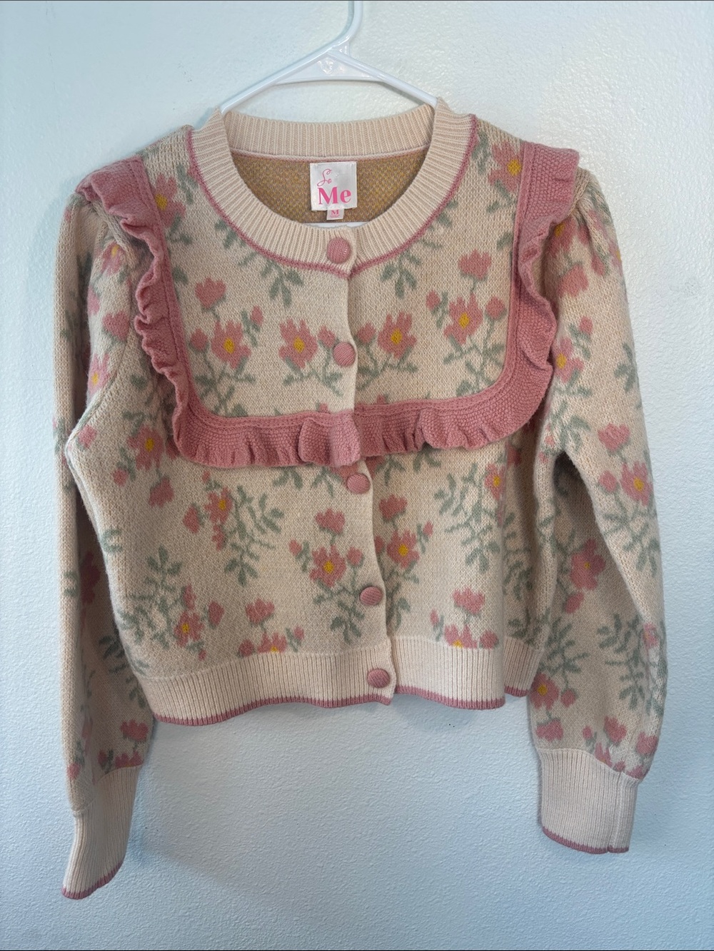 So Me Pink & Cream Floral Ruffle-Trim Cardigan -705sku